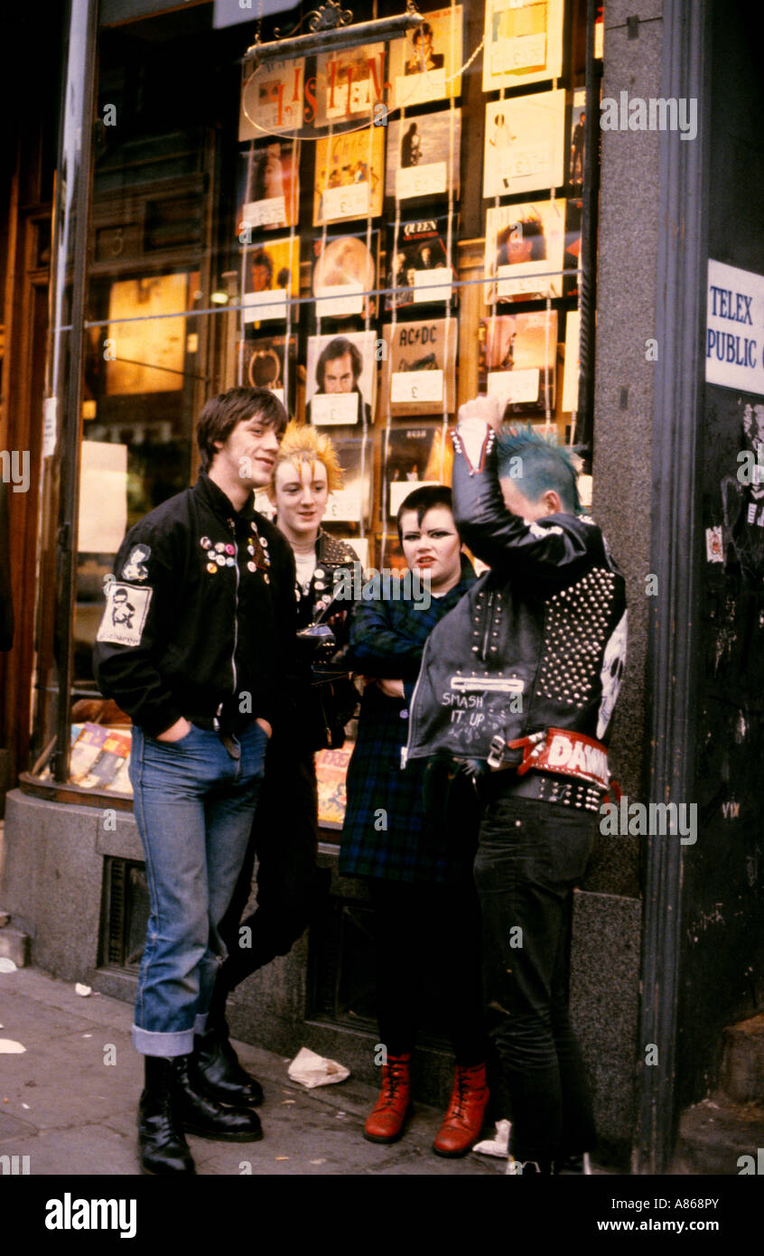 Punk Rockers gathered outside a record shop Stock Photo
