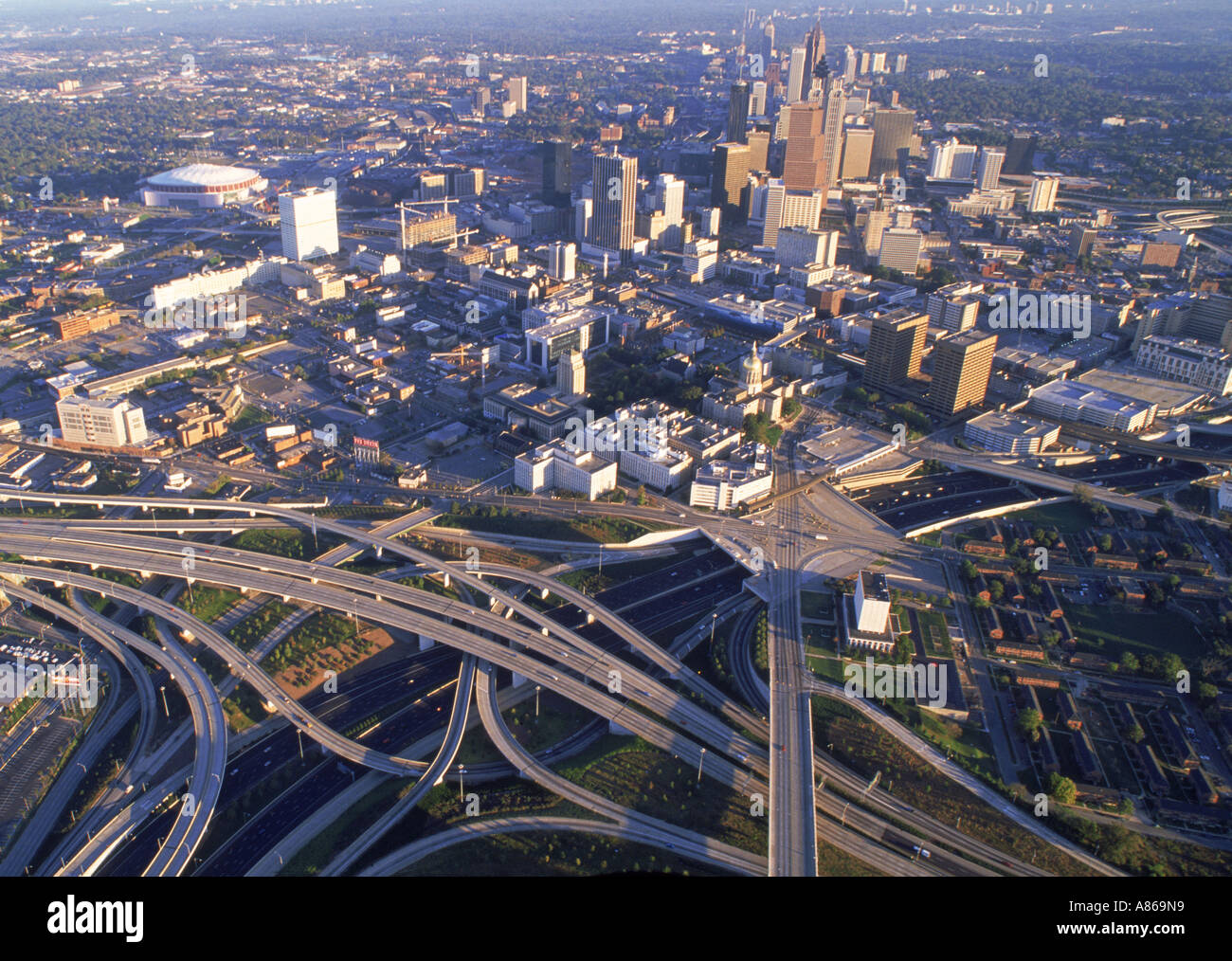 Aerial view of downtown Atlanta with freeway overpasses at dawn Stock