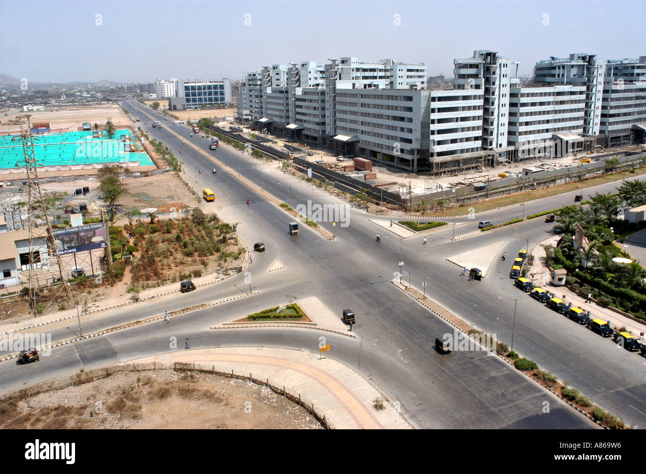 Aerial of road intersection and Bharat Diamond Bourse at Bandar Kurla