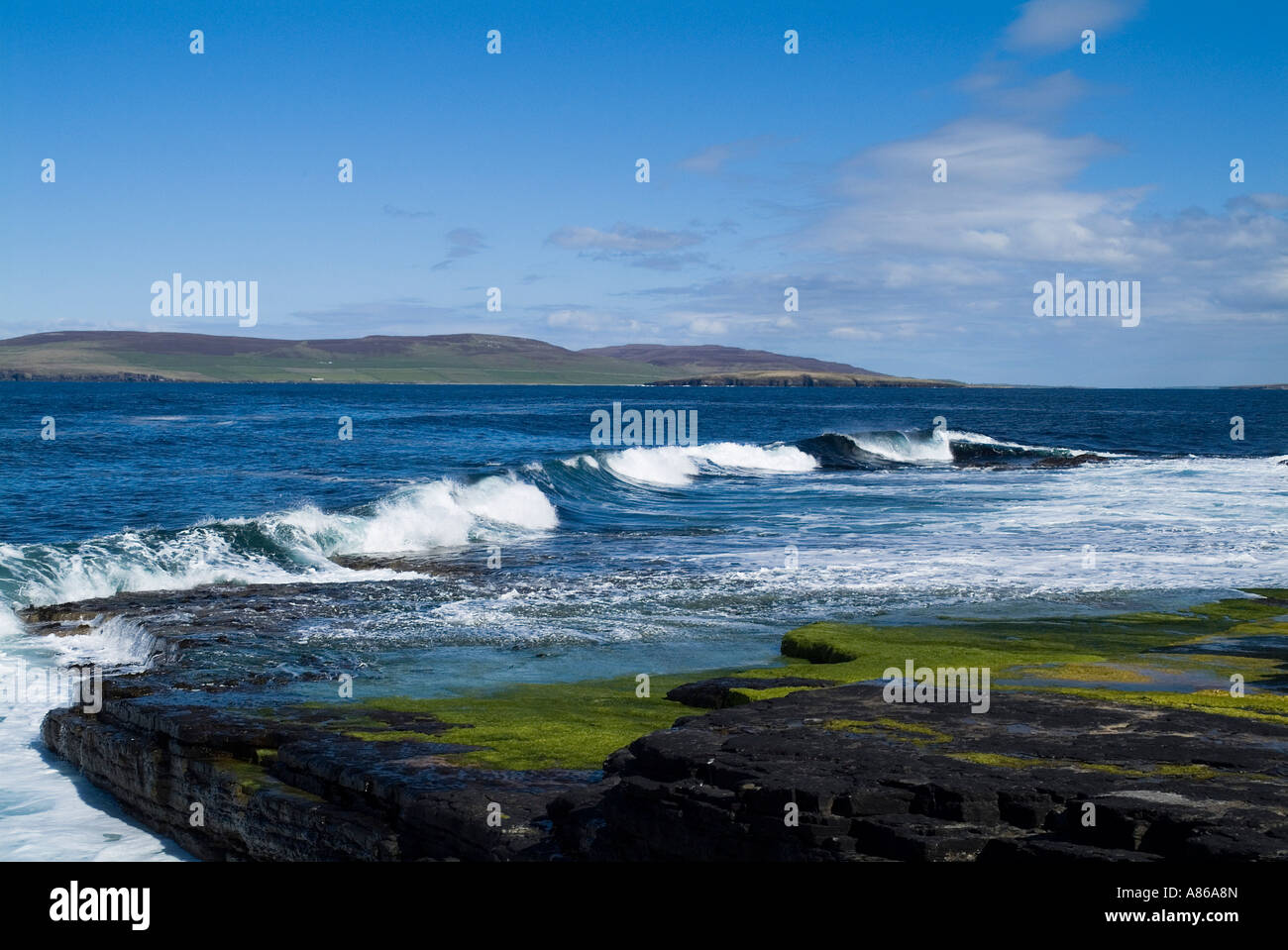 dh Eynhallow Sound EVIE ORKNEY Rolling waves ashore seacliff shelf blue sea and Rousay island coast sounds Stock Photo