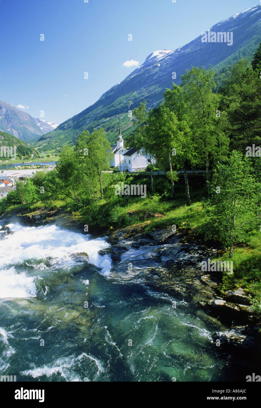 Church in village of Hellesylt on Hellesylt Falls in More-Romsdal area of Norway Stock Photo