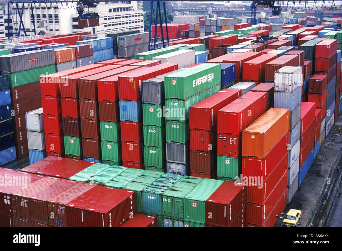 Cargo containers stacked in Singapore Harbor Stock Photo