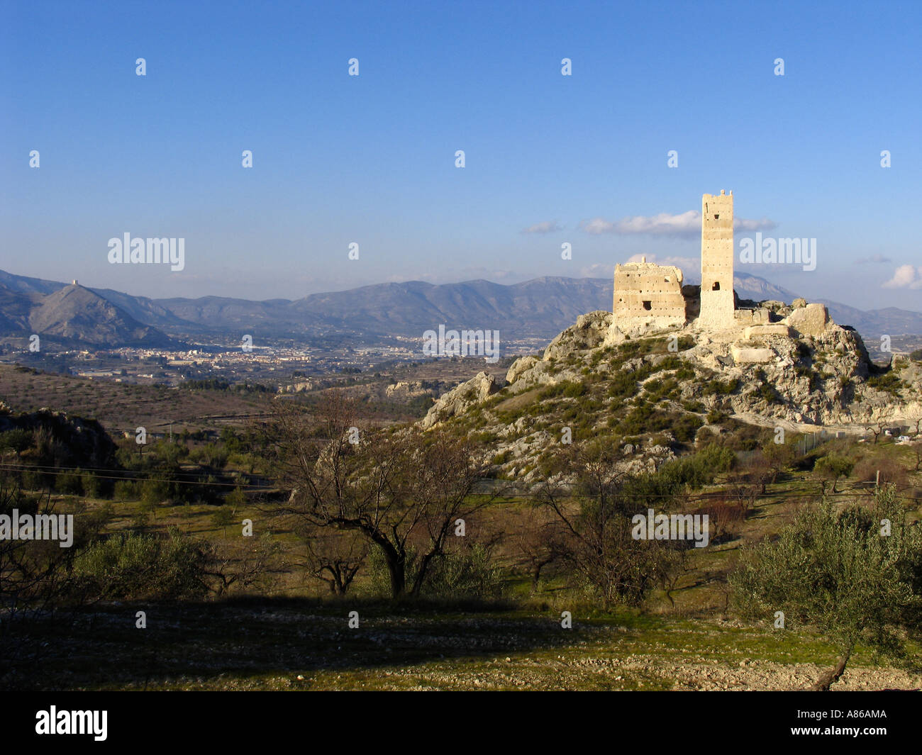 Ruins of a castle in the mountains behind the Costa Blanca in Spain Stock Photo