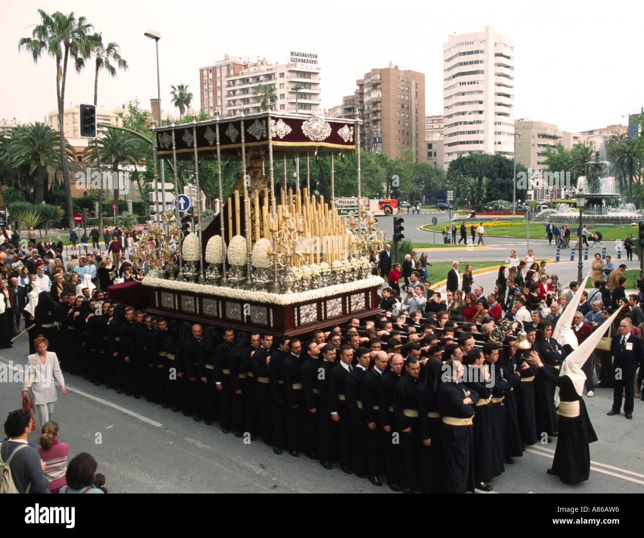 Easter procession Paso with Mary in the streets of Malaga Spain Stock