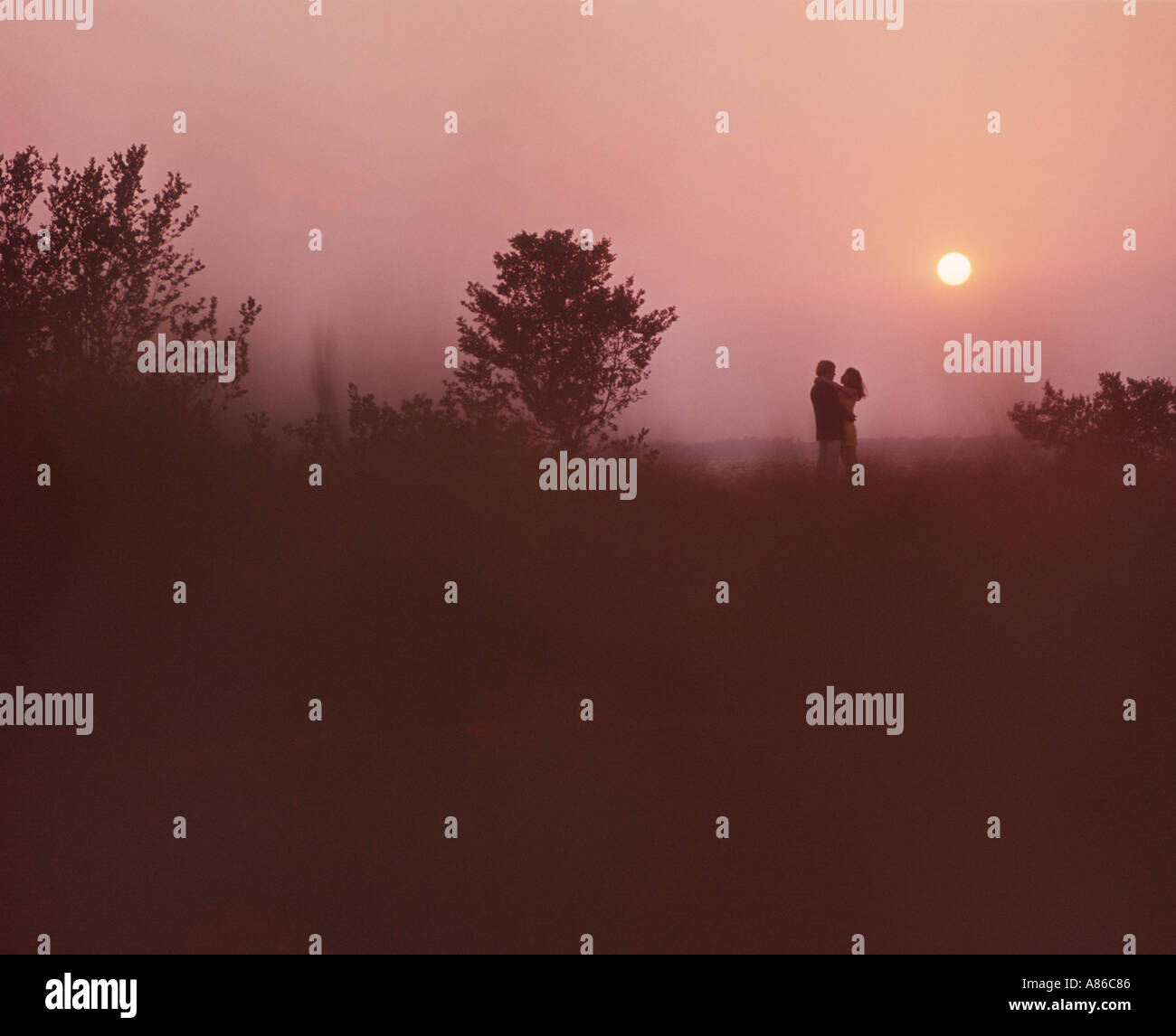 romantic couple embracing in a field at sunset Stock Photo - Alamy