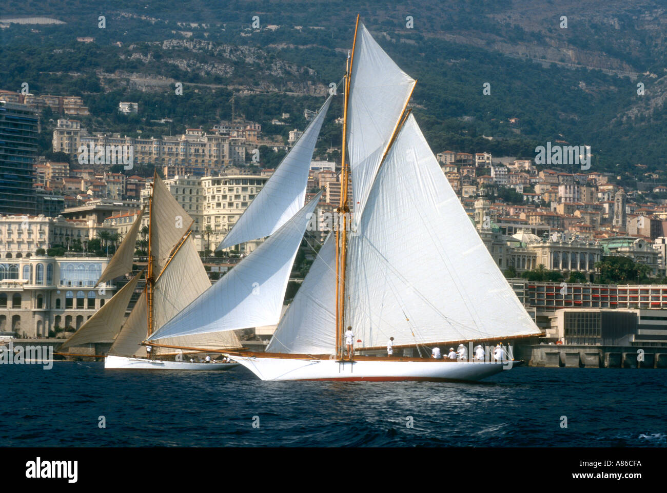 1896 gaff cutter rigged yacht Avel under sail off Monaco and Monte ...