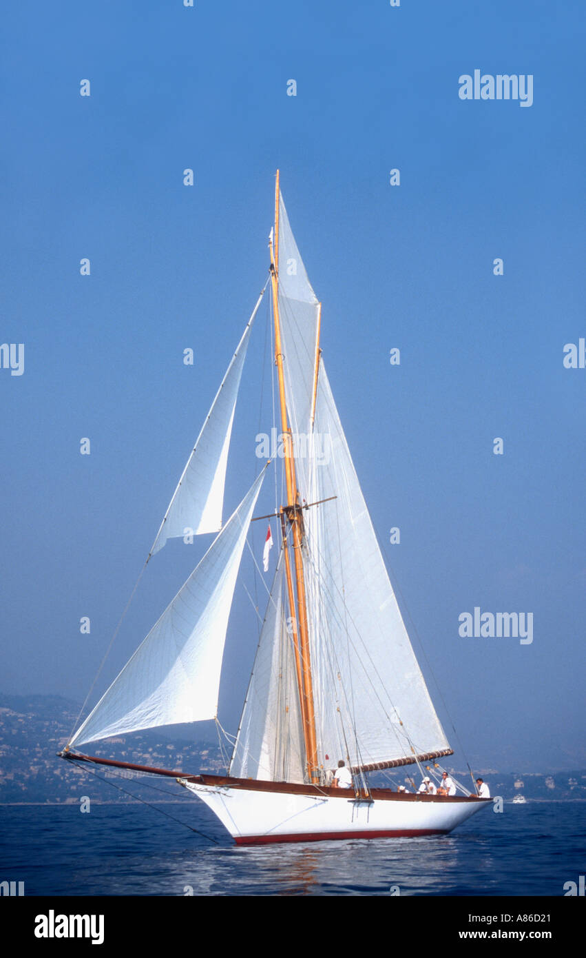 1896 gaff cutter rigged yacht Avel under sail off Monaco and Monte