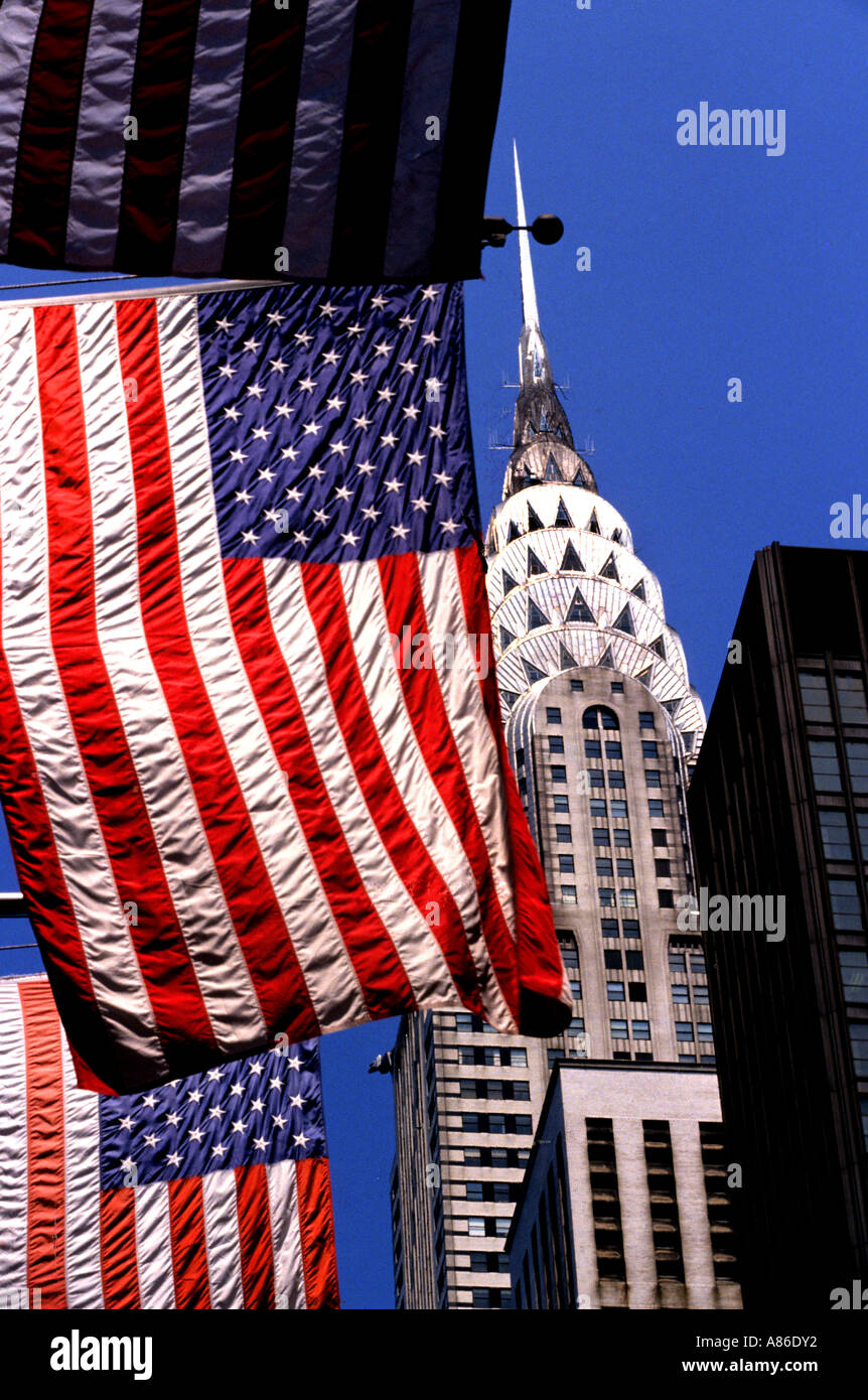 Usa New York Manhattan Chrysler Building  flag art deco skyscraper architecture old glory stars and stripes Stock Photo