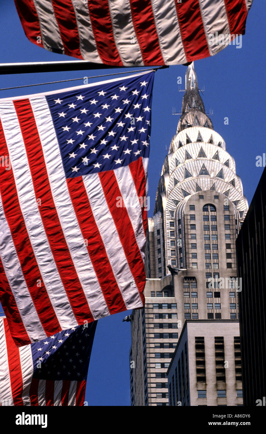 Usa New York Manhattan Chrysler Building  flag art deco skyscraper architecture old glory stars and stripes Stock Photo