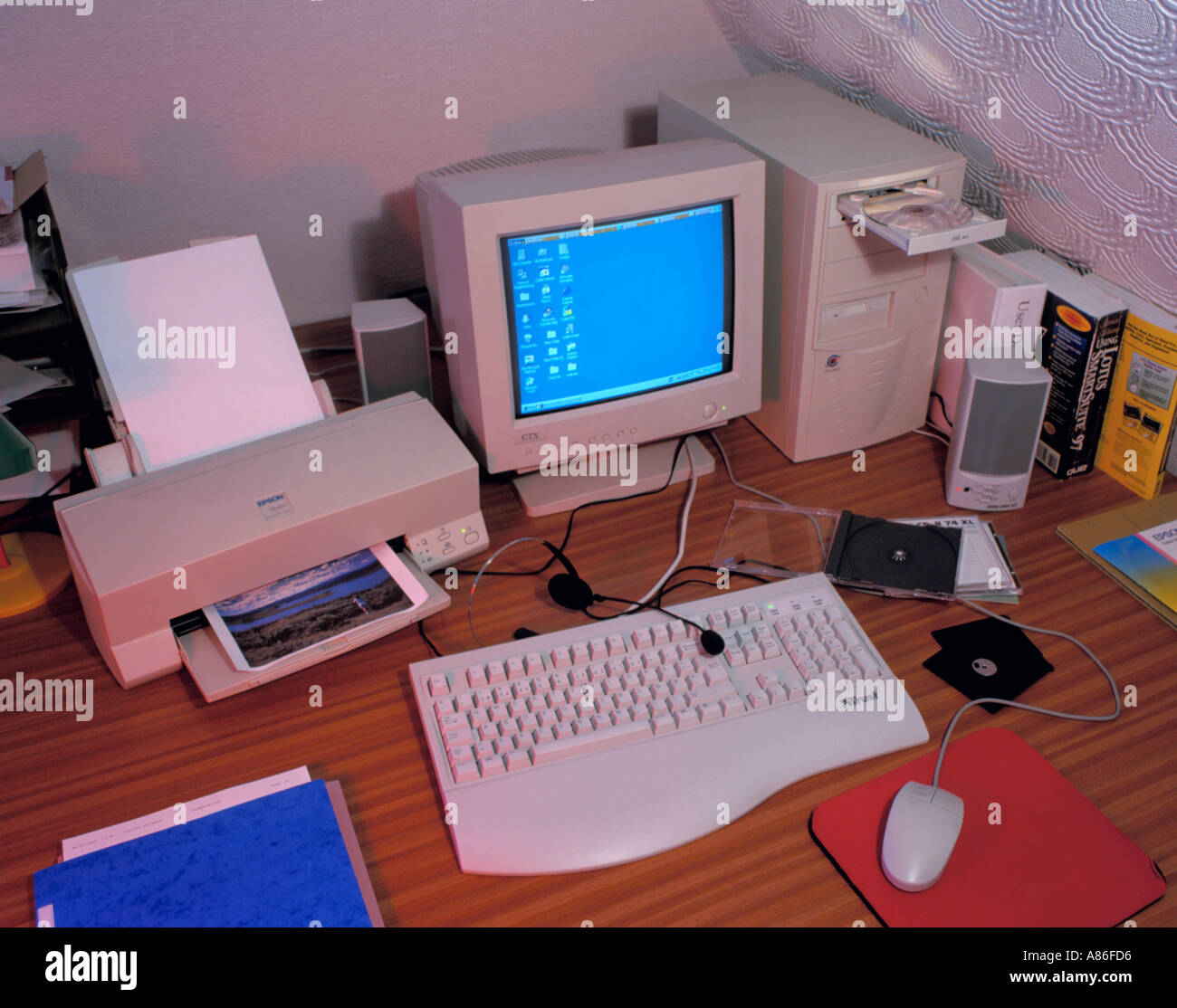 Home PC set up, with CDROM and floppy disc drive, monitor, speakers