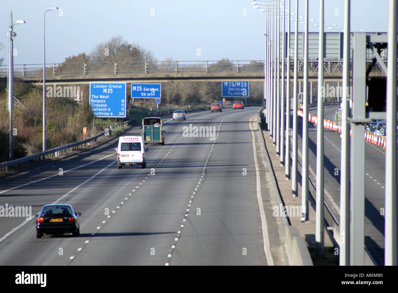 M25 near Junction 7 with anti clockwise carriageway coned off Stock