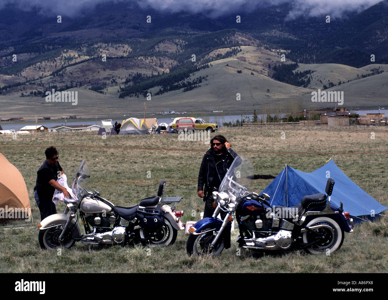 Harley Davidson motorcycle motorbike people biker camping tent