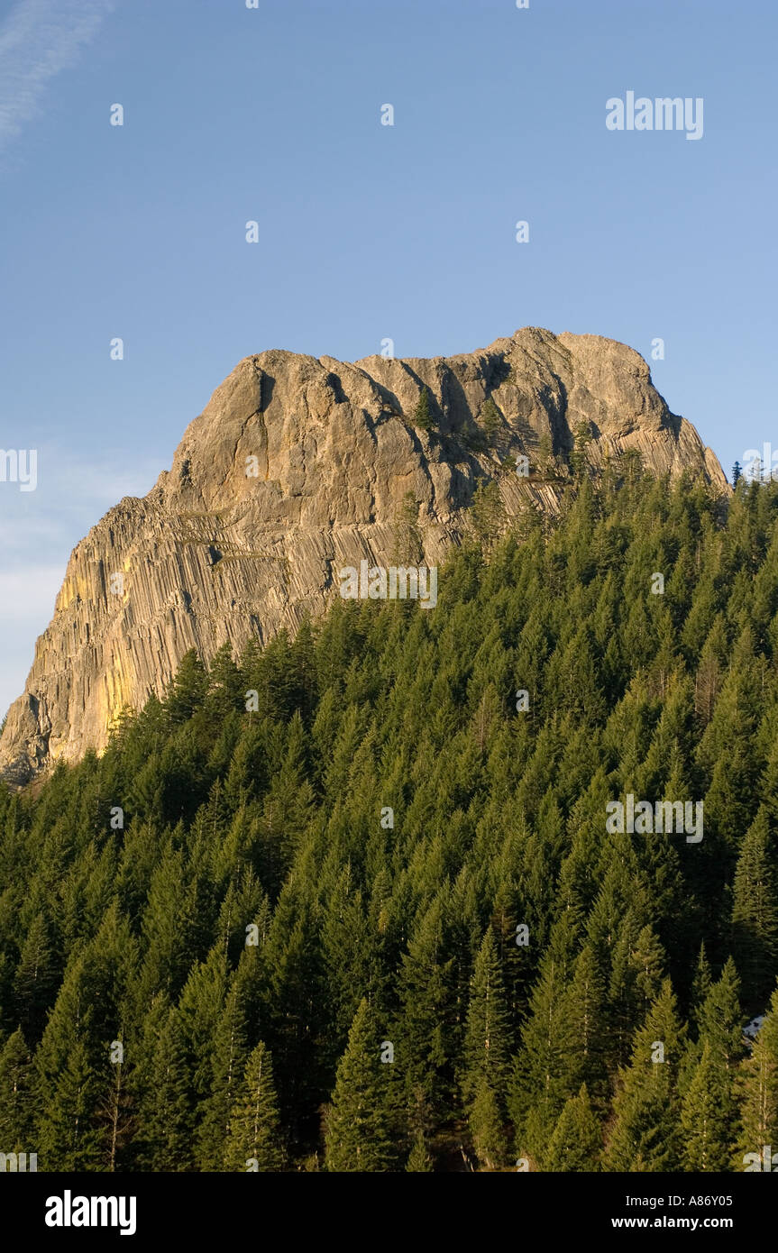 Pilot Rock, 5908 feet old, volcanic plug rises about conifer forest