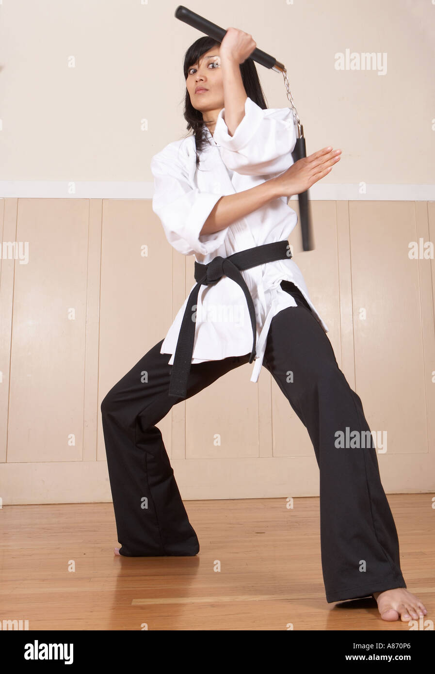 Woman martial artist in defensive stance using numchoks Stock Photo 6861669 Alamy