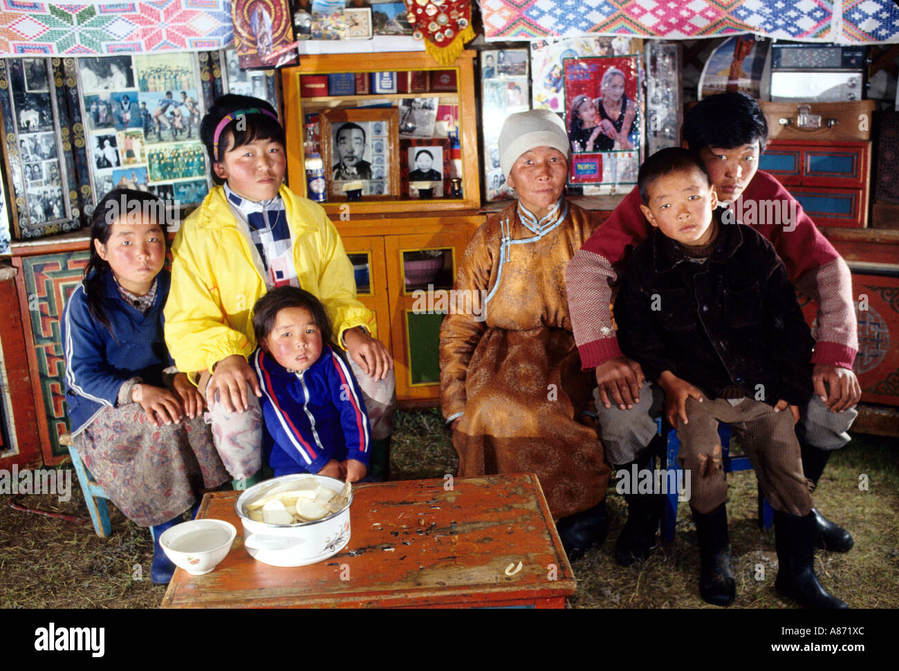 Mongolia family in their Jurt in the province of Khoevsgeol Stock Photo