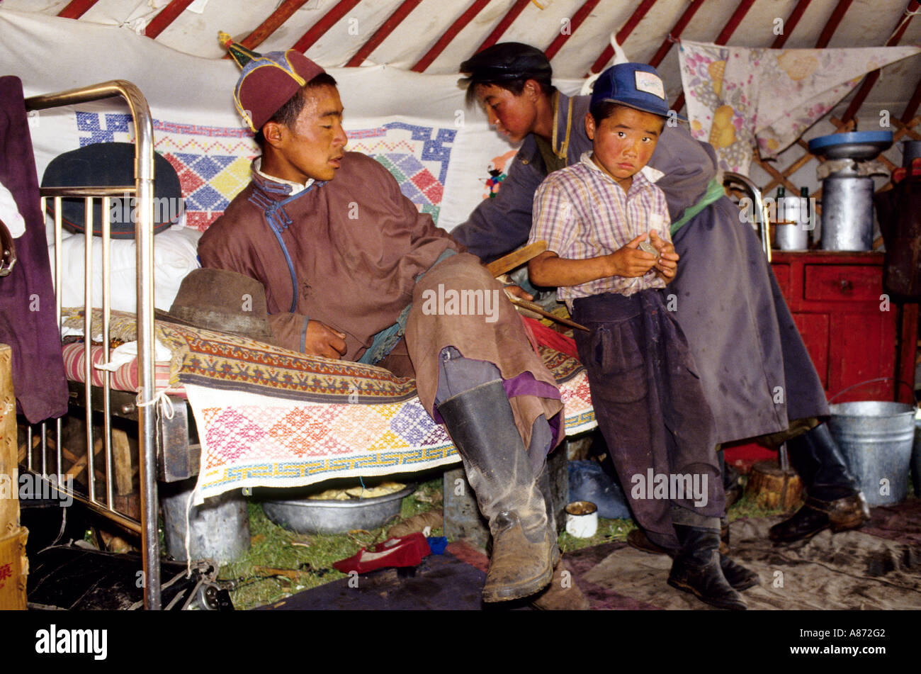 Mongolia family in their Jurt in the Khovsgoel province Stock Photo