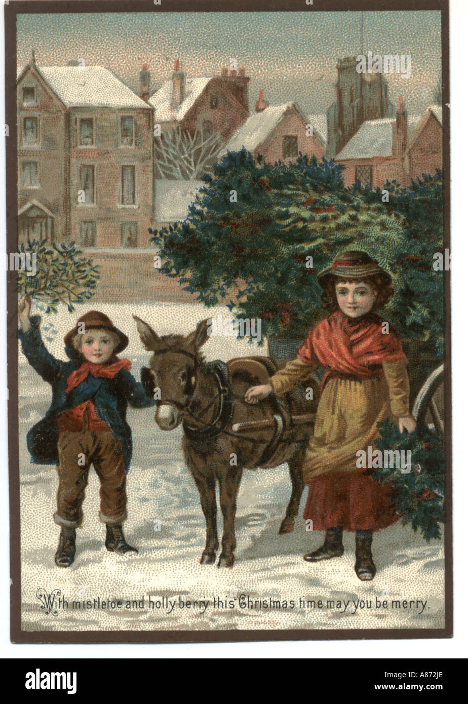 Christmas greeting card showing children selling holly and mistletoe circa 1880 Stock Photo