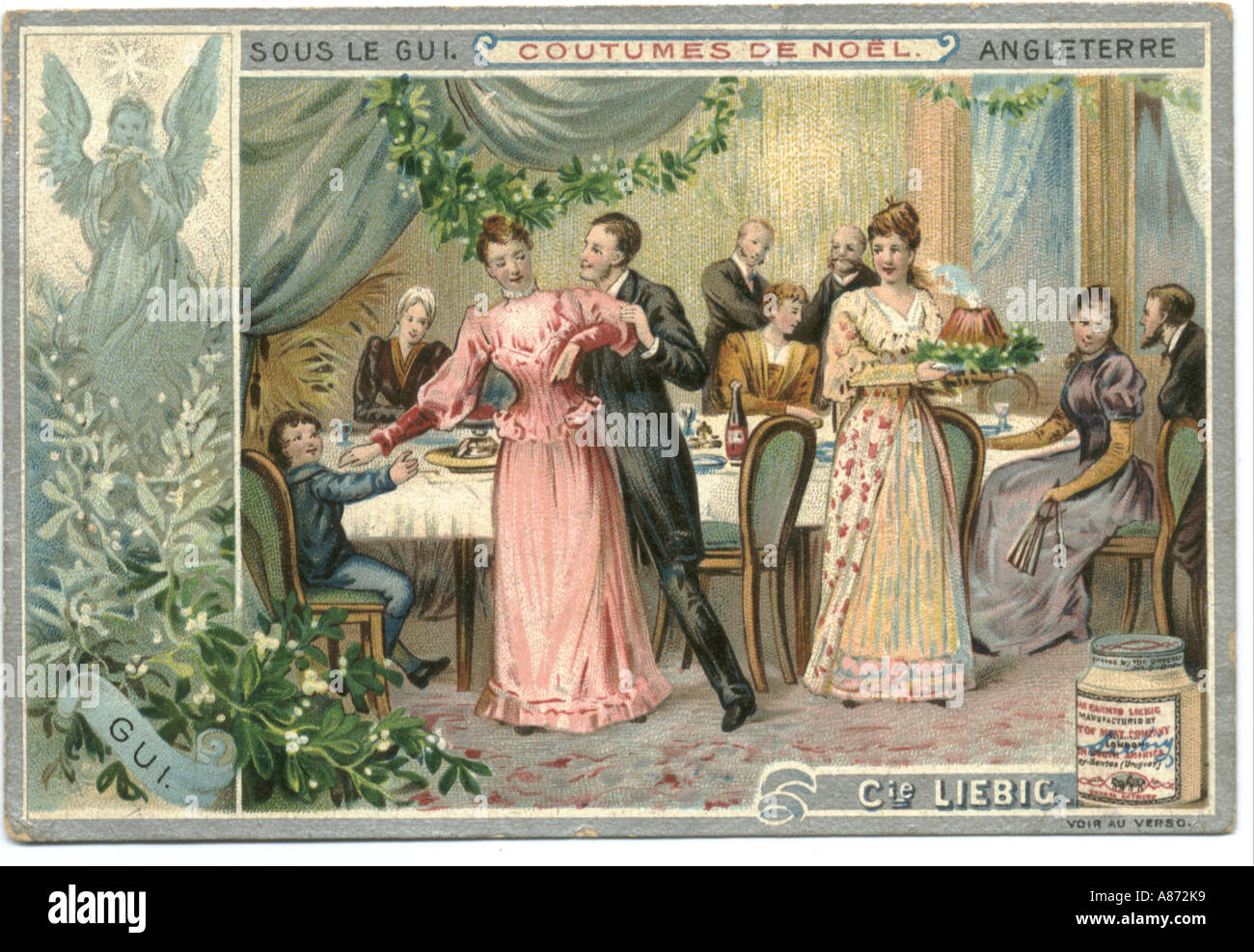 French trade card titled Under the Mistletoe, England;  Christmas Customs 1888 Stock Photo