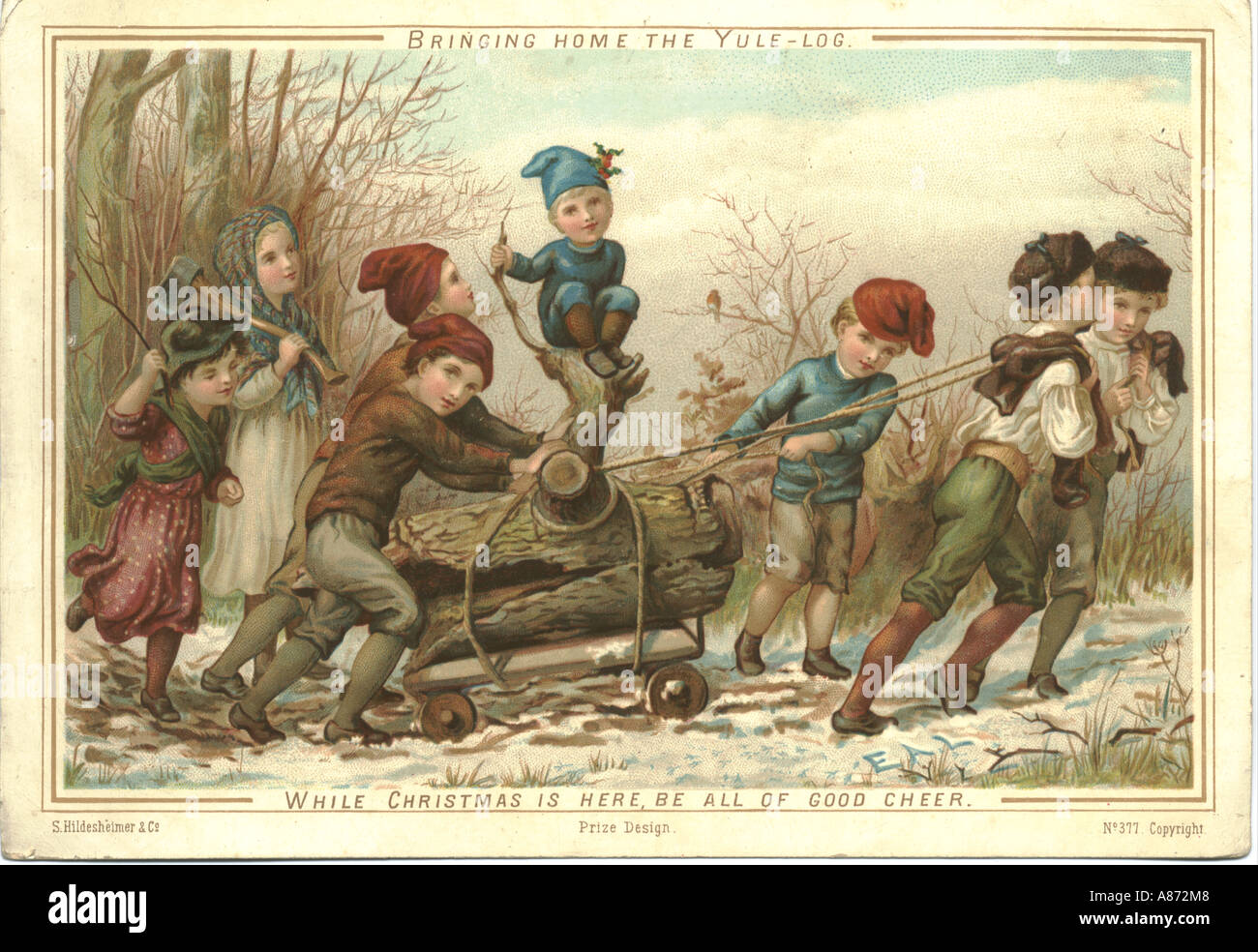 Christmas greeting card circa 1881 by Eliza Ann Lemann titled Bringing Home the Yule-Log Stock Photo