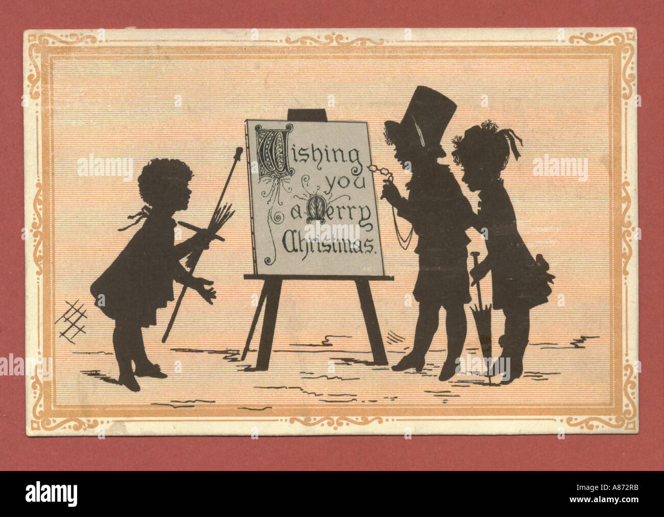 Christmas greeting card with children circa 1885 Stock Photo