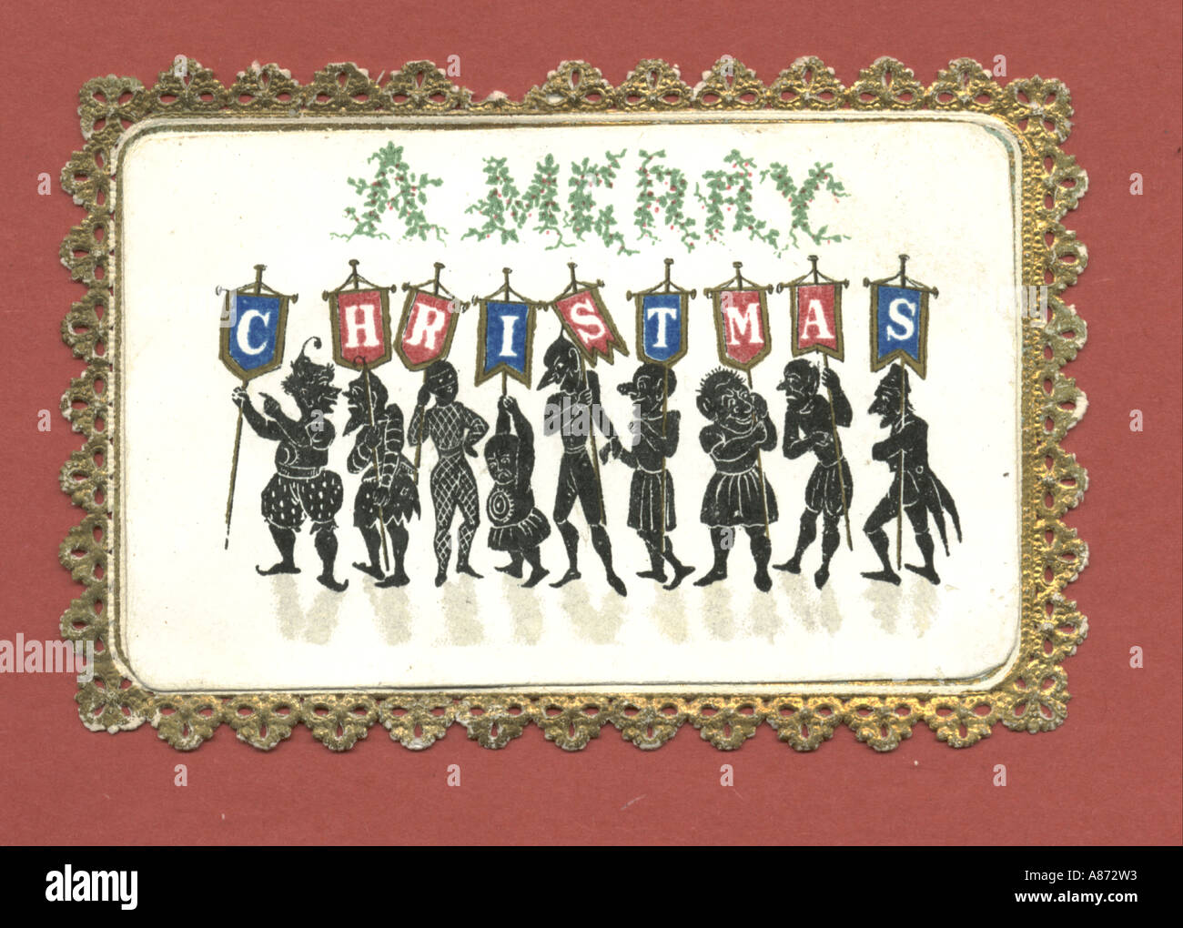 Christmas greeting card showing Twelfth Night characters circa 1865 Stock Photo