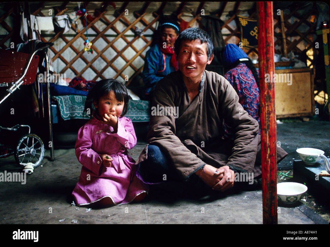 Mongolia nomad family in their Jurt in the Gobi steppe Oevoer Hangay ...