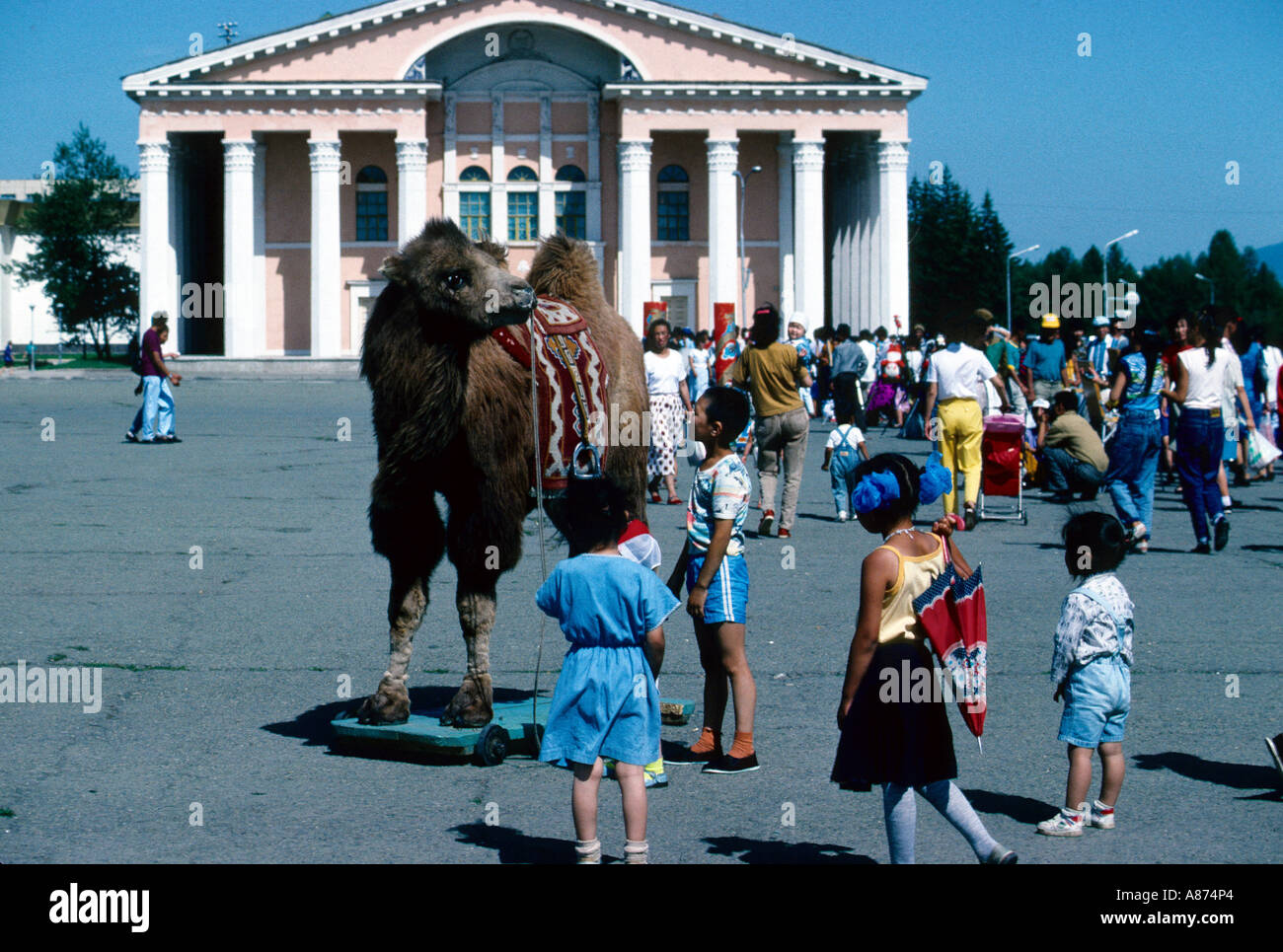 Mongolia a stuffed camel in front of the opera house on the Sukbaatar plaza in Ulaanbaatar Stock Photo
