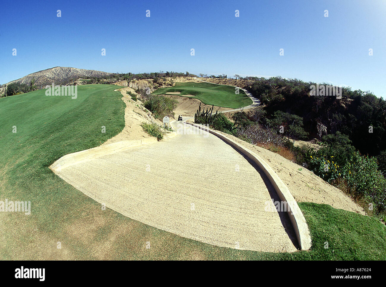 Aerial view of a sand pit in a golf course on a clear sunny day Stock
