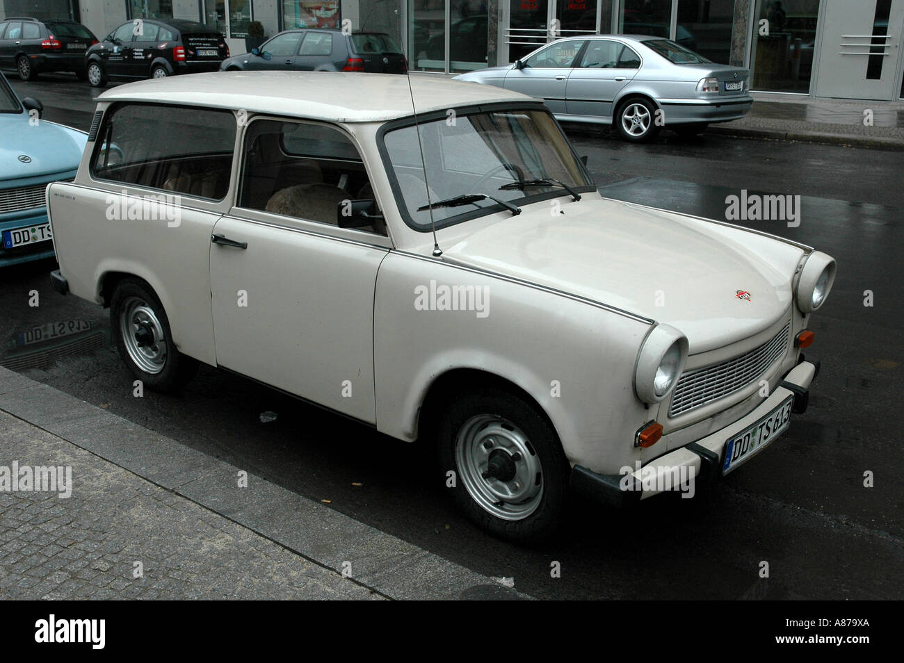 A parked TRABANT car awaits customers for a nostalgic drive around former East Berlin Germany Stock Photo