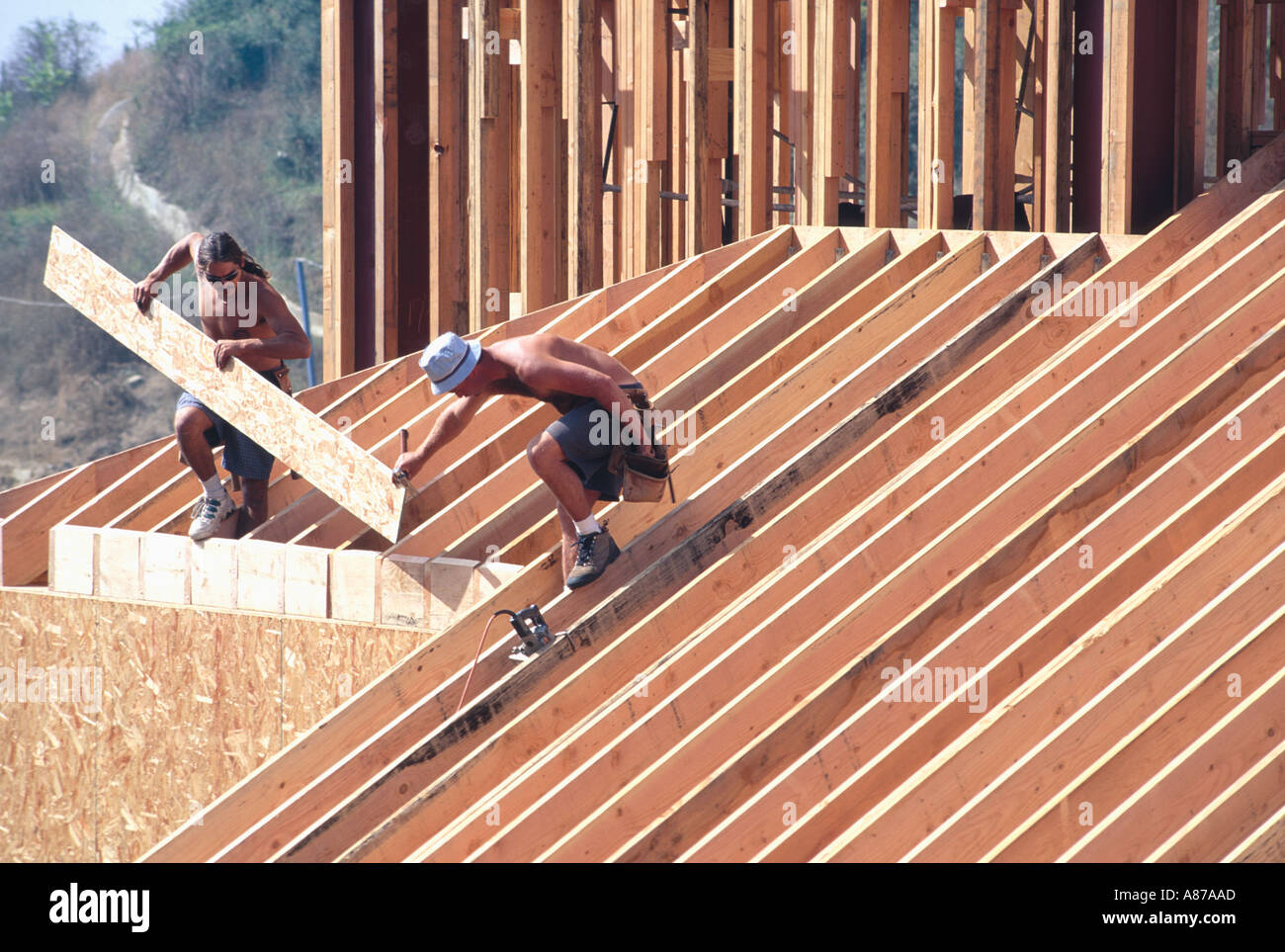 Two shirtless carpenters positioning a plywood board as they work on