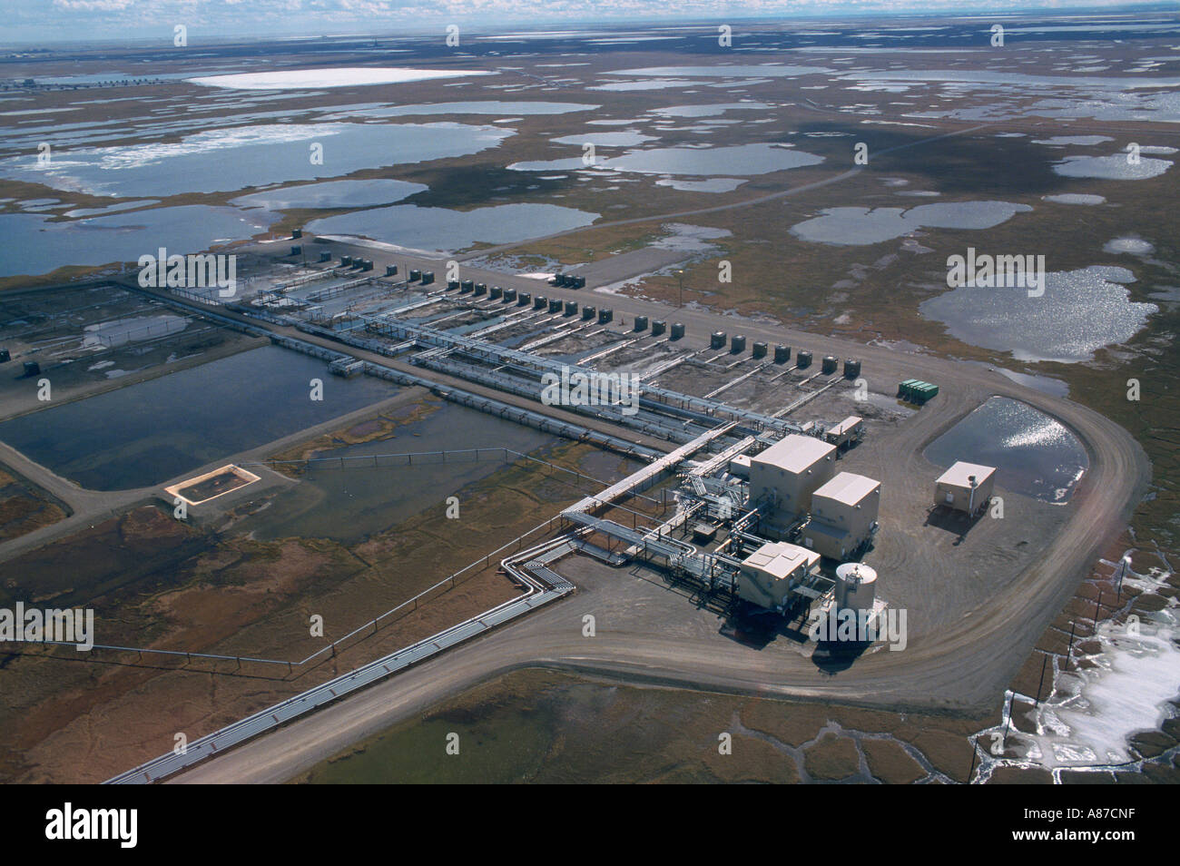 Aerial view of Alaskan oil fields and facilities in Prudhoe Bay Alaska Stock Photo