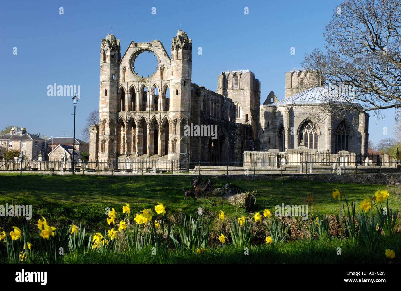Elgin Cathedral Sandstone Ruins by the River Lossie Stock Photo