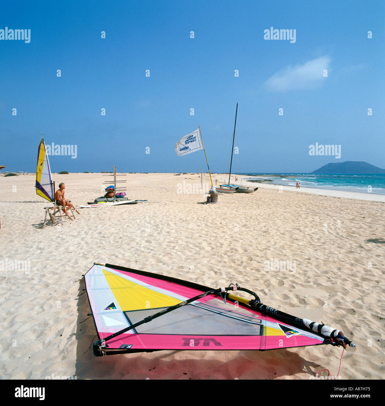 Windsurfing on the beach near Corralejo, Fuerteventura, Canary Islands, Spain Stock Photo