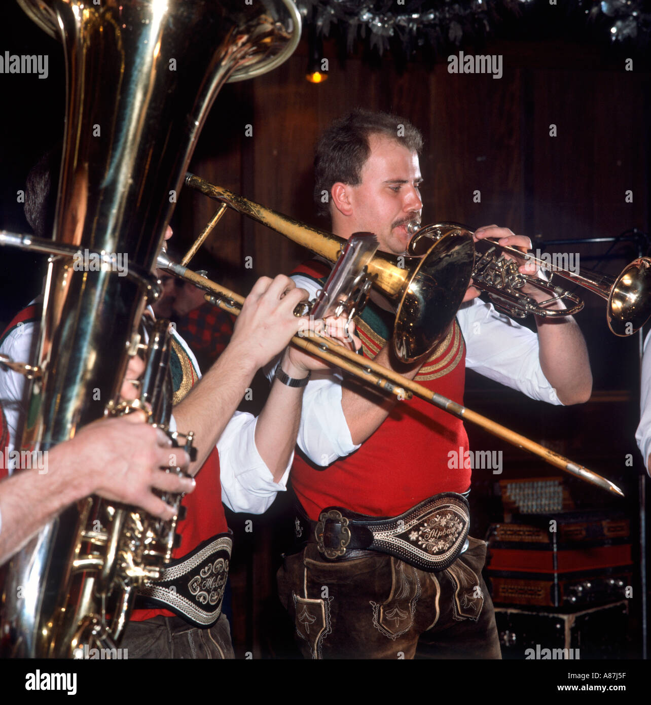 Musicians in traditiona coustume at a Tyrolean evening, Alpbach, Tyrol, Austrian Alps, Austria Stock Photo