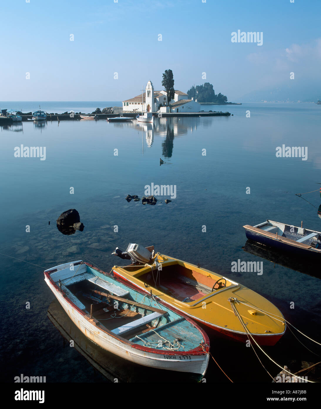 Monastery of Vlakherna in early morning with Mouse Island (Pondikonisi ...