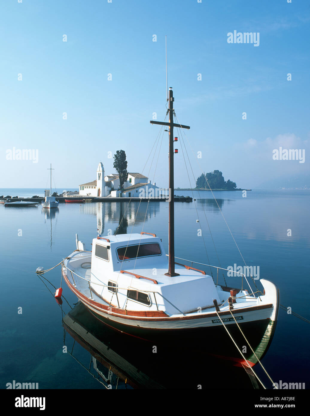 Corfu. Monastery of Vlakherna in early morning with Mouse Island ...