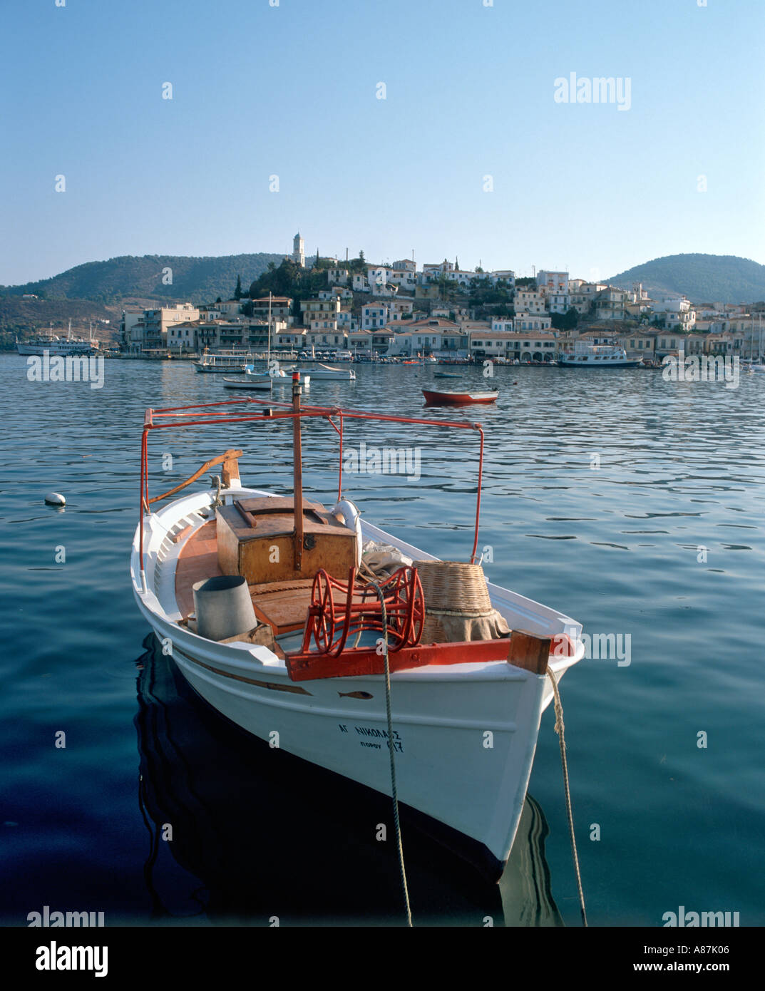 Harbour at dawn viewed from Galatas, Poros, Saronic Islands, Greece Stock Photo