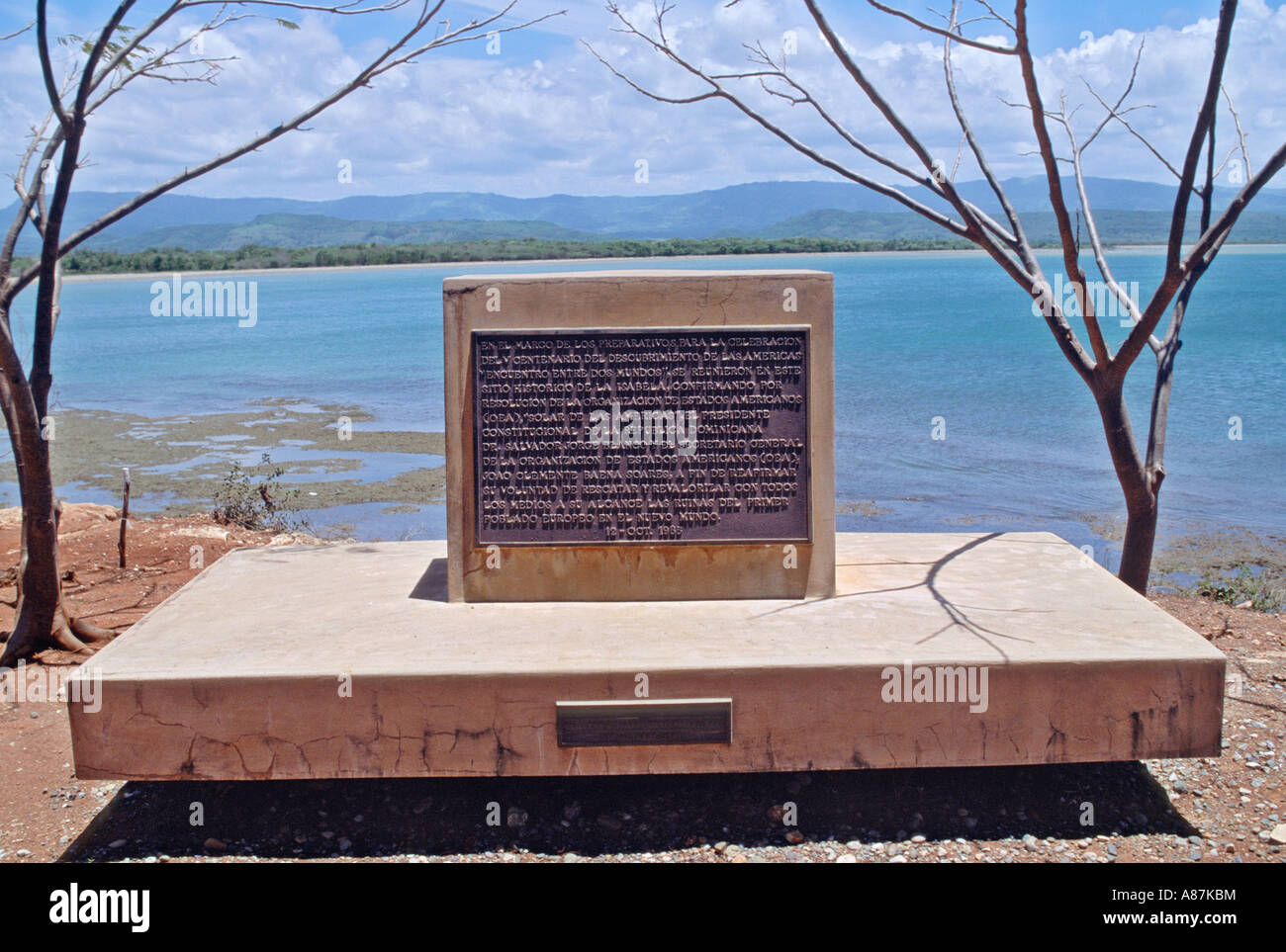 Marker at the archaeological site of La Isabella near the town of El Castillo Dominican Republic Stock Photo