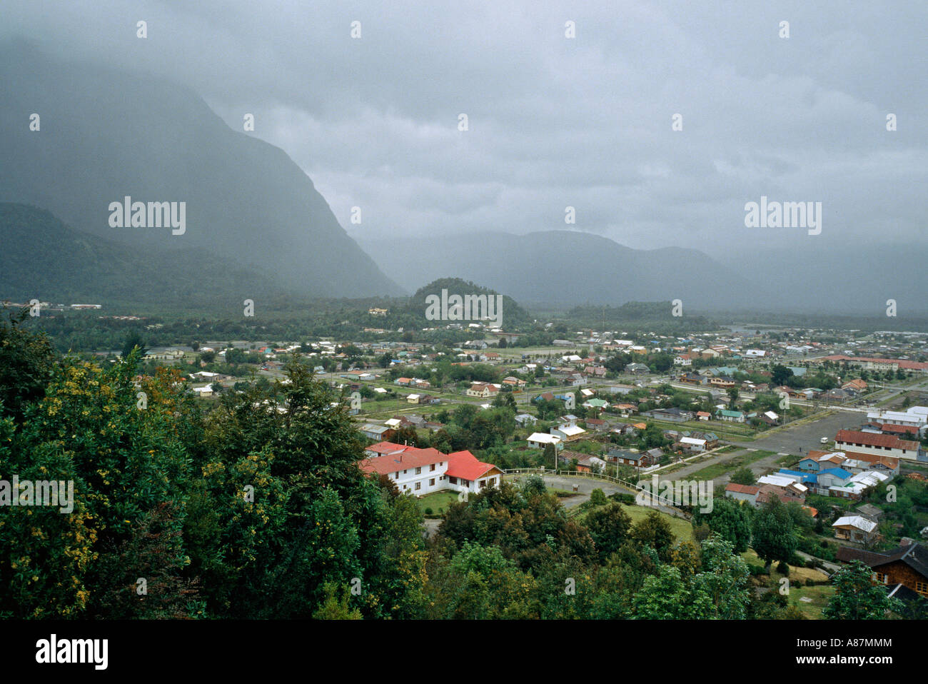 View of Chaitén Patagonia Chile from surrounding hills Stock Photo