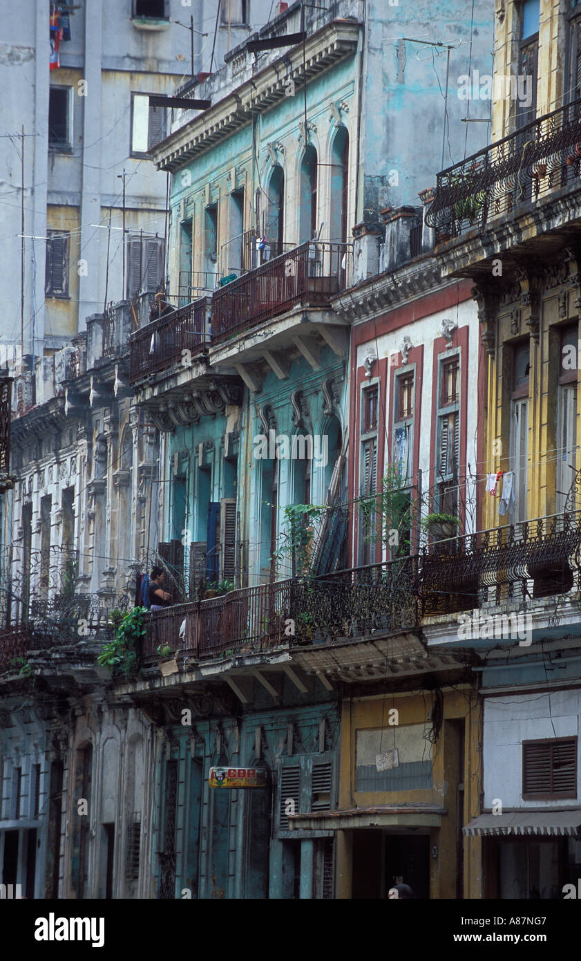 delapidated balconies Havana Cuba Stock Photo