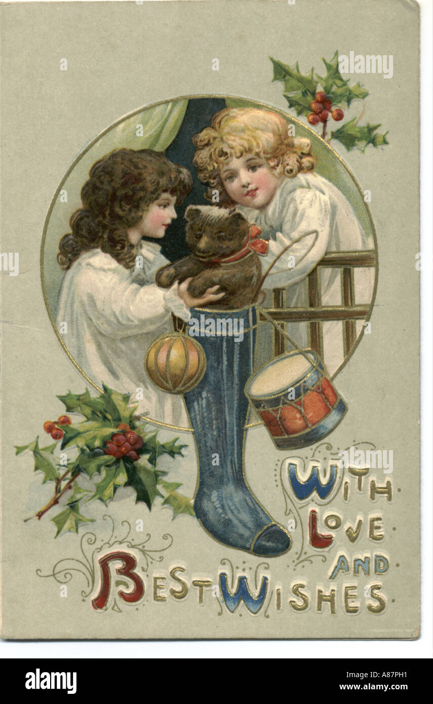 Christmas greeting card of children and toys circa 1890 Stock Photo