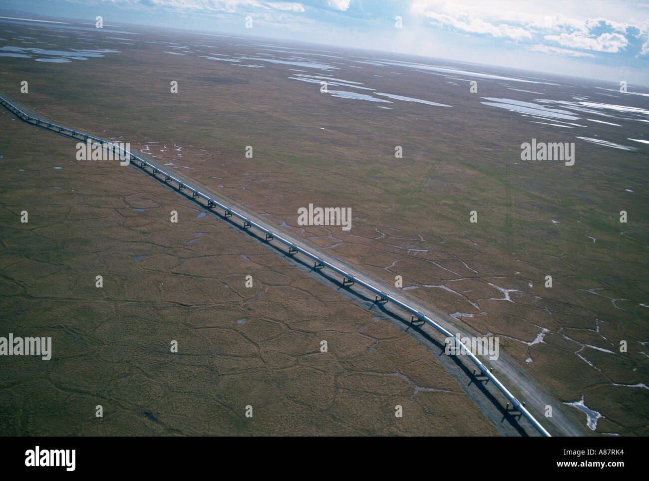 Aerial view of the Trans Alaskan oil pipeline in Prudhoe Bay Alaska Stock Photo