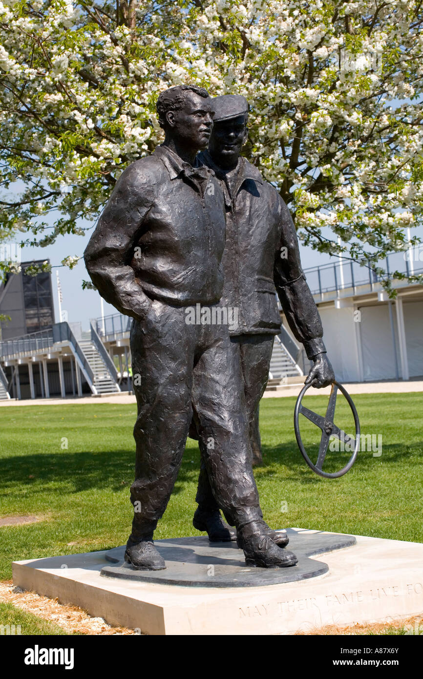 The Mike Hawthorn and Lofty England memorial sculptures at Goodwood Race Track by David Annand. Stock Photo