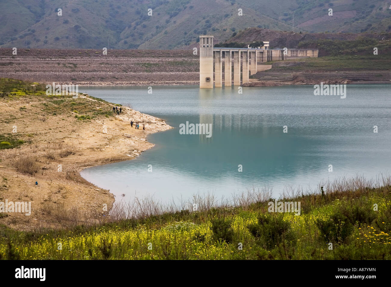 Low water conditions in Vinuela reservoir Andalucia Spain Stock Photo