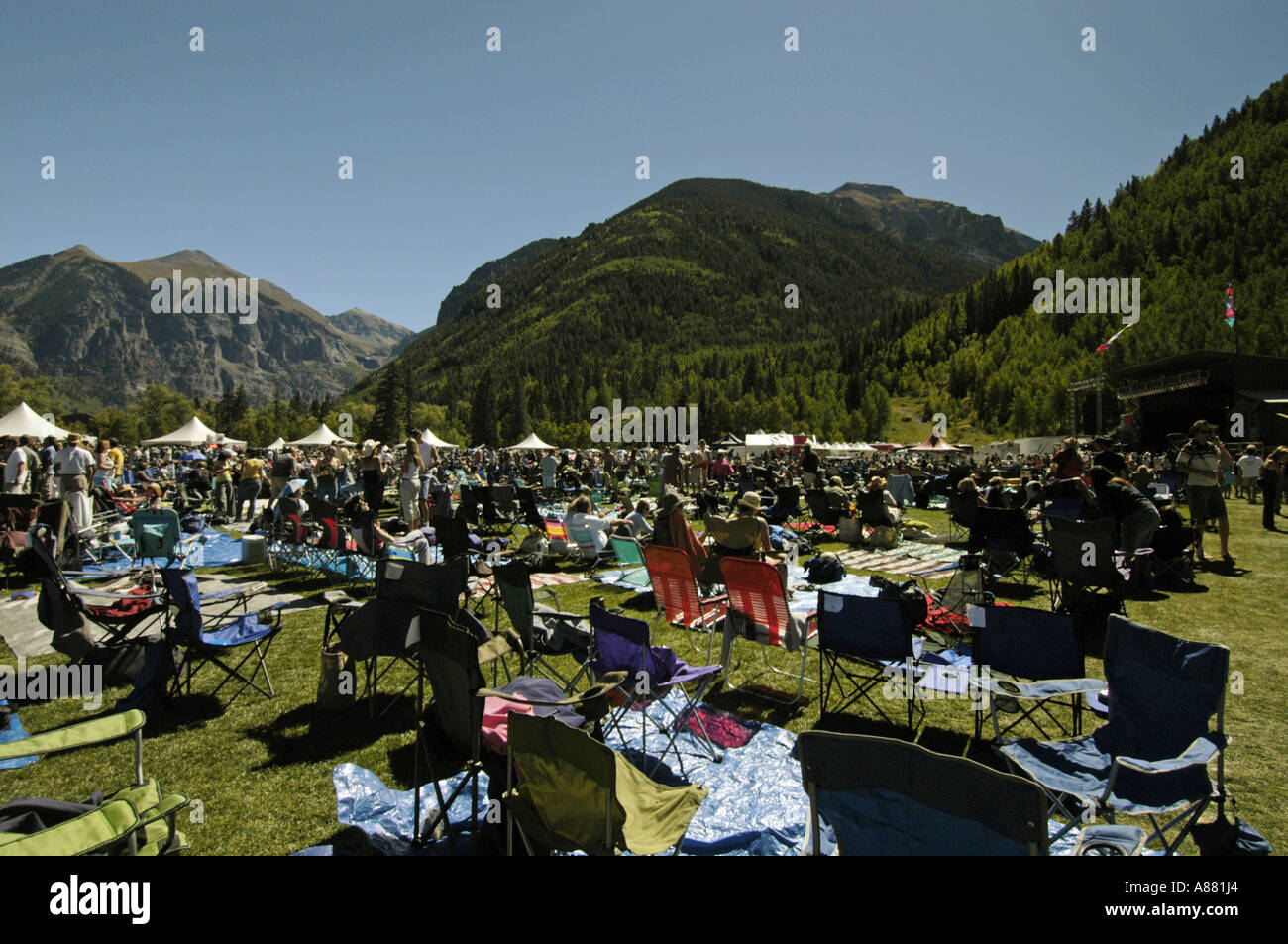 Colorado Telluride Crowd of people enjoying the beautiful weather at the Blues and Brews Festival Stock Photo
