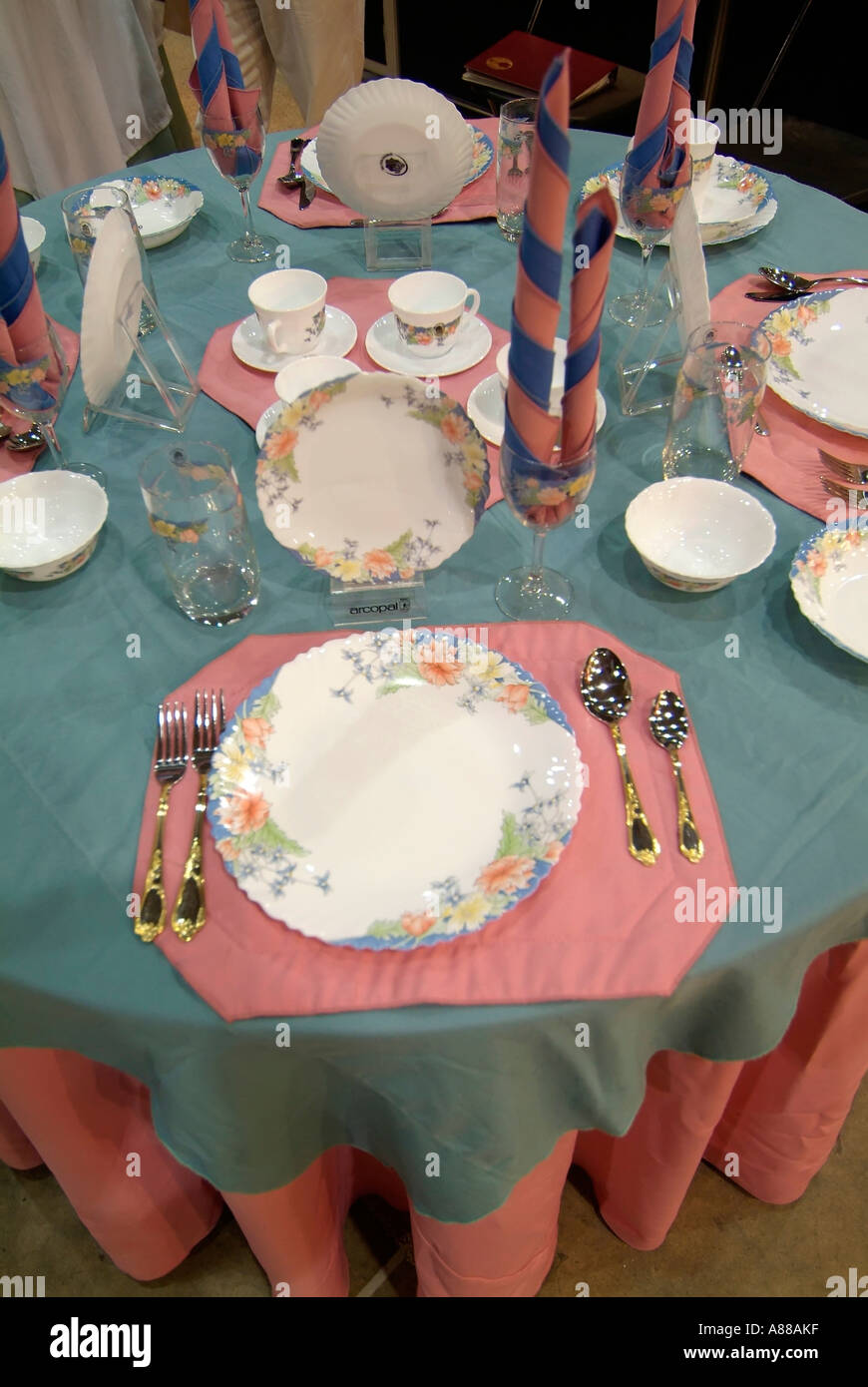 Table set with dishes ready for a meal formal ware Stock Photo