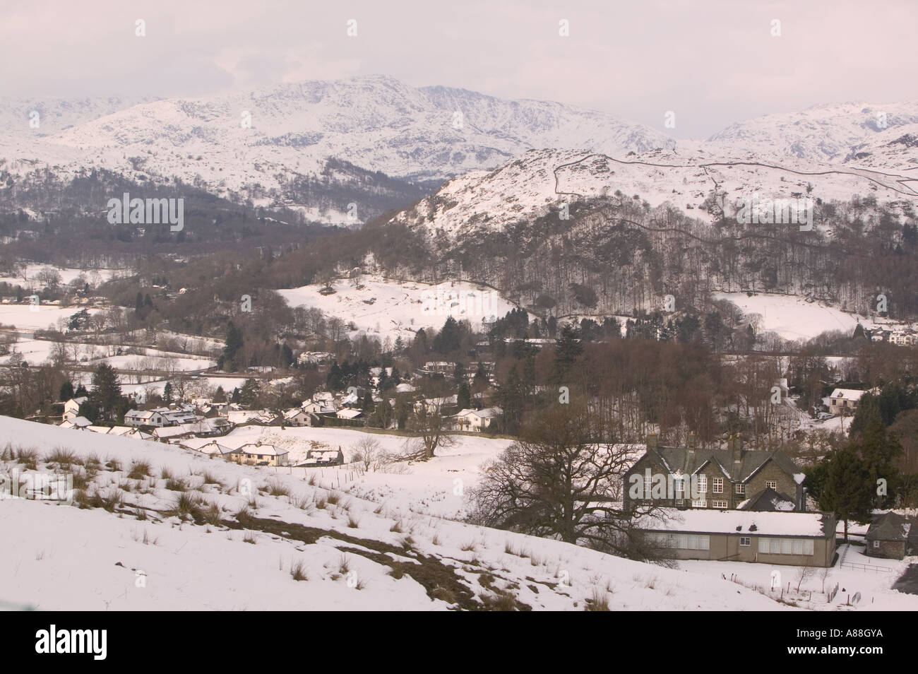 Ambleside and wetherlam with the old kelsick grammer school, Lake