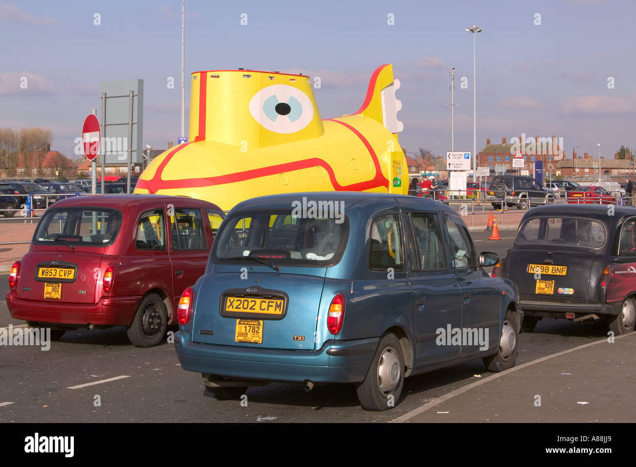 a sculpture of the Beatles Yellow submarine at the Liverpool john lennon airport, liverpool, England Stock Photo