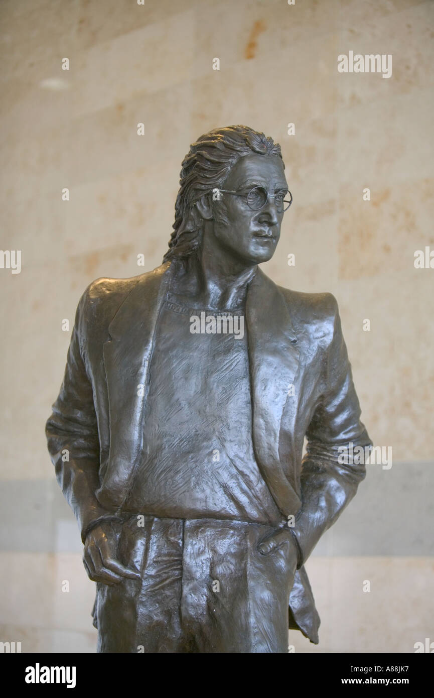 a statue of John Lennon at John Lennon airport, Liverpool, England