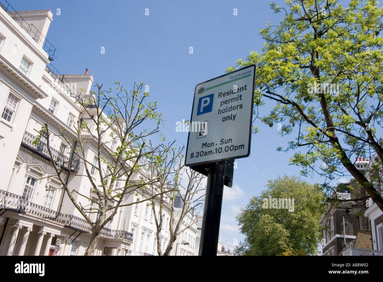 Parking restriction sign in Bayswater City of Westminster London UK